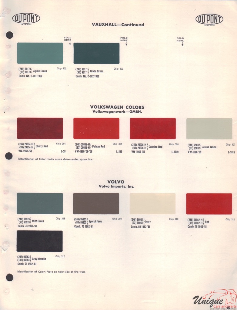 1962 Volkswagen Import Paint Charts DuPont